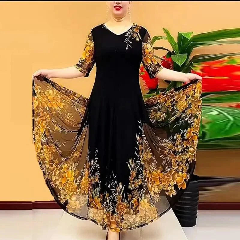 Women's Clothing Stylish Floral Printed Long Dress Summer Short Sleeve Casual Gauze Spliced Elegant V-Neck A-Line Waist Dresses