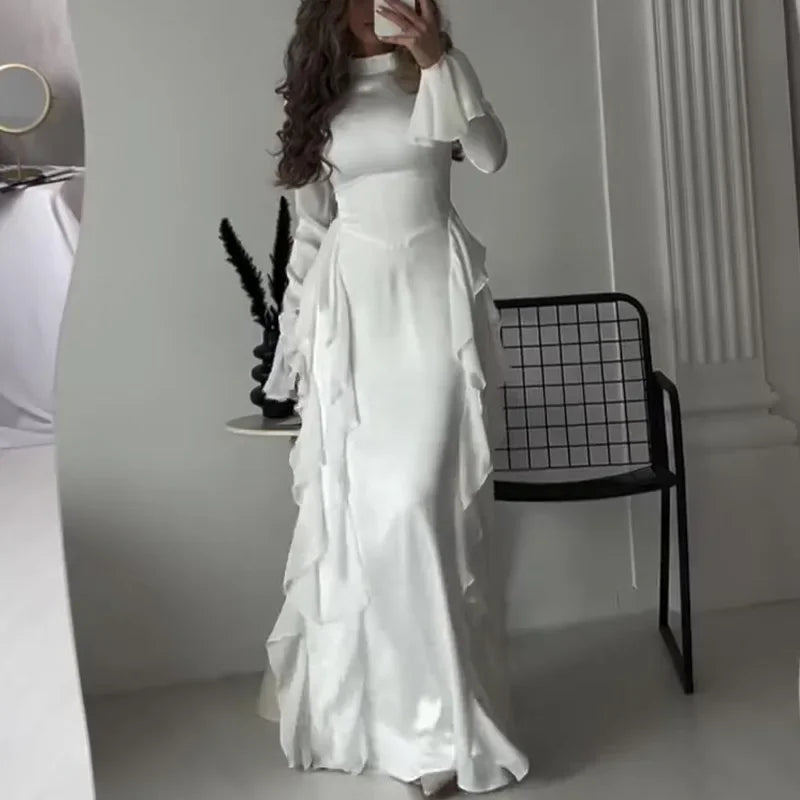 Muslim Women Flare Sleeve Evening Dress Jalabiya Eid Ramadan Arab Long Robe Dubai Ruffle Vestidos Largos Party Dresses Abayas