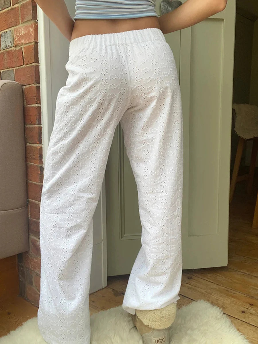 Women Y2k Lounge Pants Elastic Waist Wide Leg Comfy Trousers Flower Embroidery Going Out Pants Streetwear