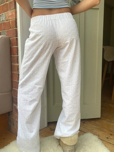 Women Y2k Lounge Pants Elastic Waist Wide Leg Comfy Trousers Flower Embroidery Going Out Pants Streetwear