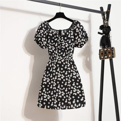 Women Mini Printed Floral Chiffon Shirring Pleated Short Puffy Sleeve Casual Dresses Summer Fashion