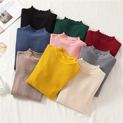 Mock Neck Clothes Knitted Woman Sweaters Pullovers Autumn Winter Basic Women's Jumper Slim Somen's Sweater Pull Long Sleeve