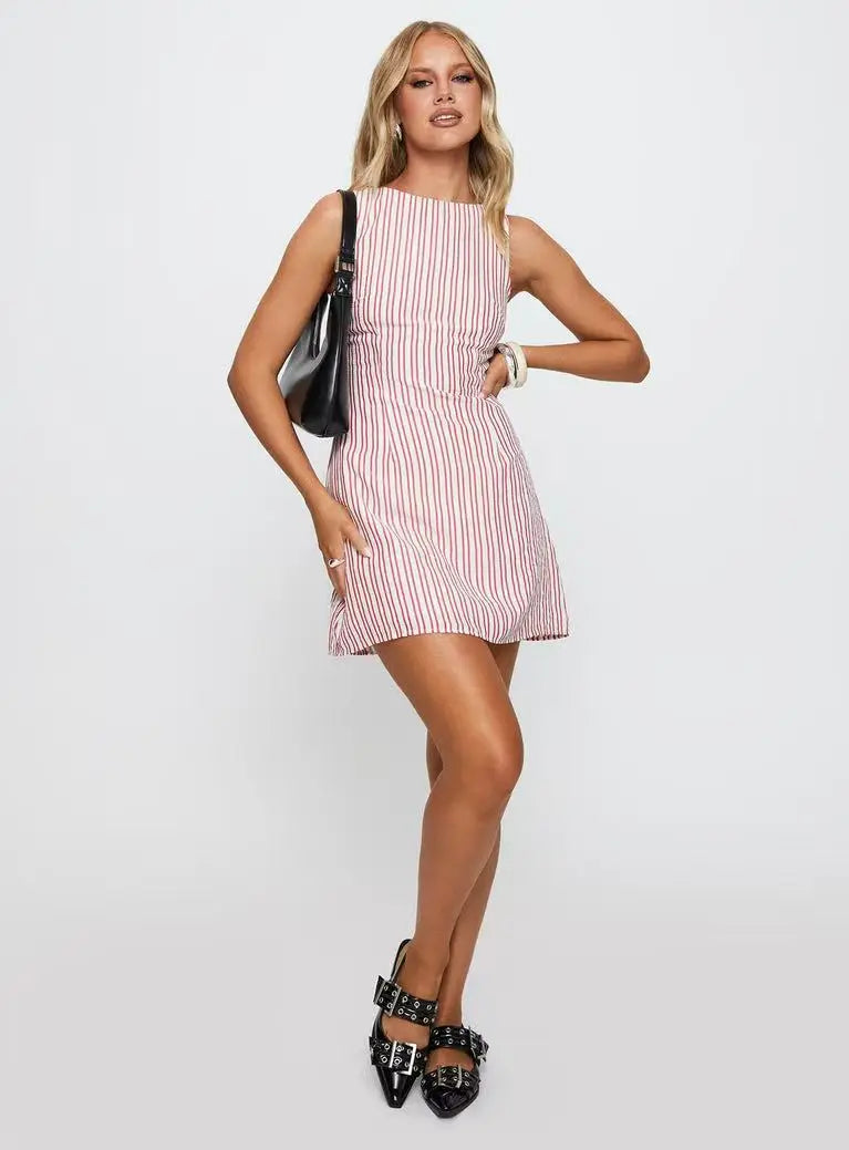 Summer New Dresses For Women Casual Fashion Striped Print Dress Crew Neck Sleeveless Vestido Mujer Dress Elegante Women Clothing