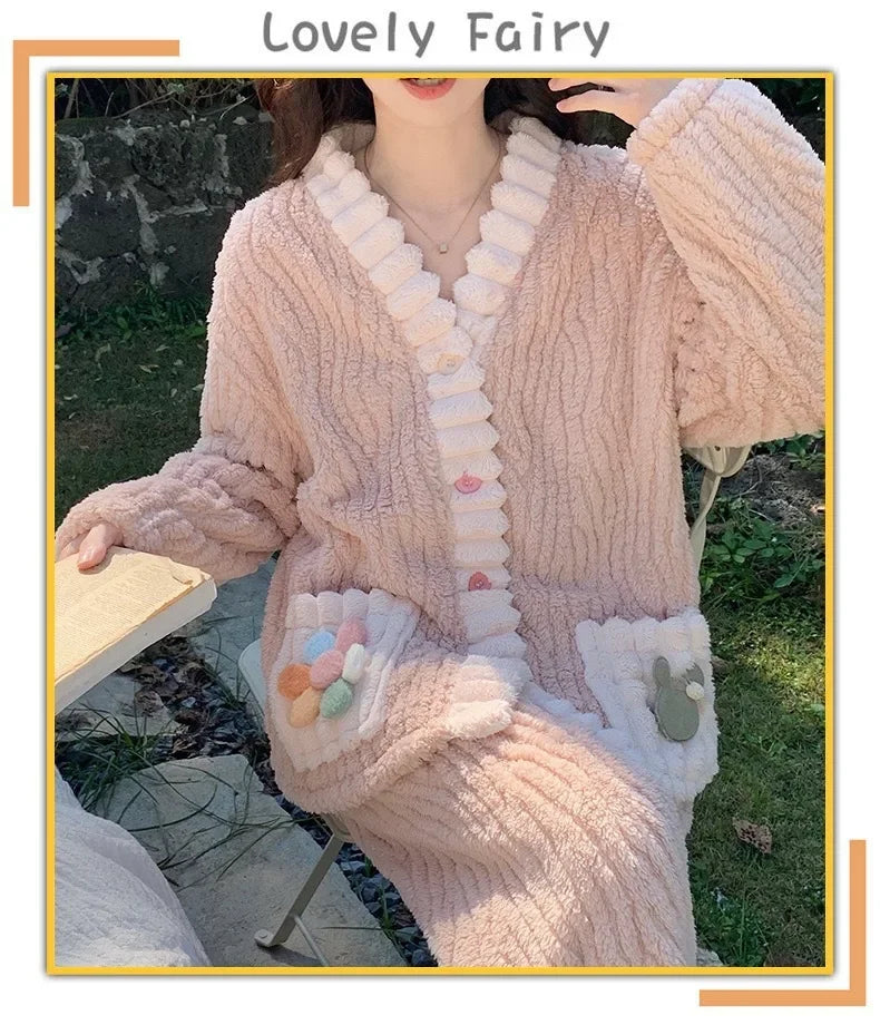 Thickened Warm Flannel Women Sleepwear Loungewear Cardigan Suit Winter Sweet Kawaii Soft Fairy Wind Ladies Pajamas Homewear