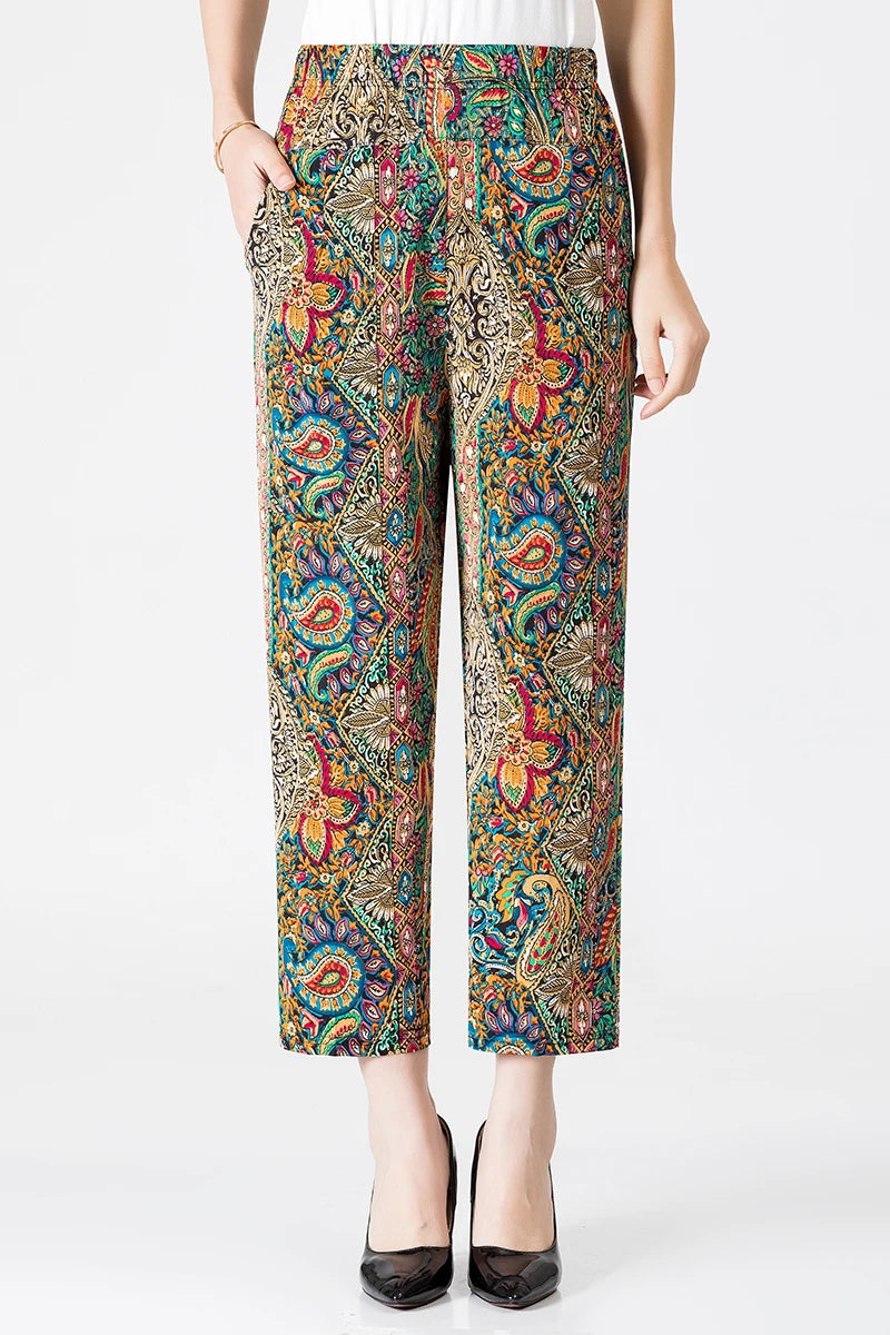 XL-8XL Summer Women Harem Pants Casual High Waist Pants Printed Elastic Waist Middle Aged Women Trousers Summer Bottoms