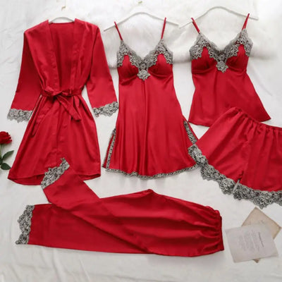 5-piece Loungewear Set Silky Satin Lace Patchwork Women's Pajamas Set with Top Shorts Pants Loose Lace-up Waist Homewear