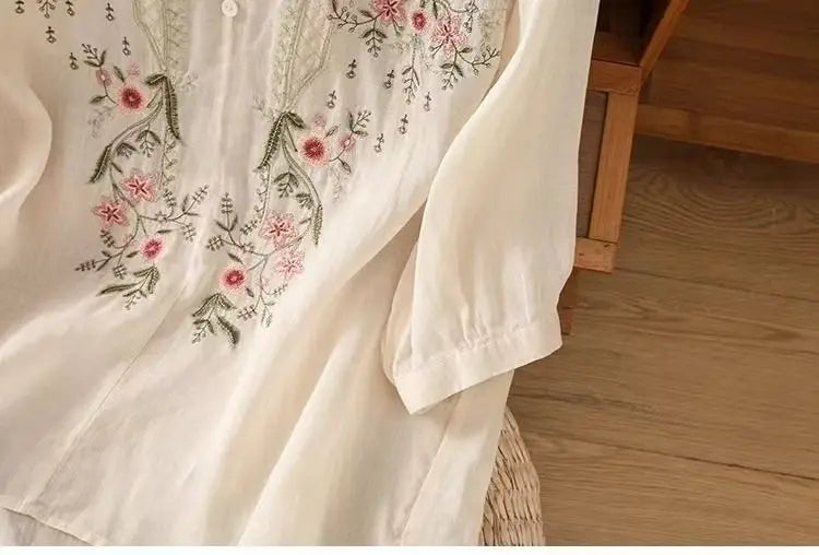 Cotton and Linen V-neck Embroidered Shirt for Women, Summer Thin Style Loose Medium Sleeves Small Shirt Top