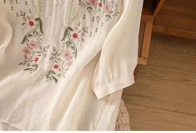 Cotton and Linen V-neck Embroidered Shirt for Women, Summer Thin Style Loose Medium Sleeves Small Shirt Top