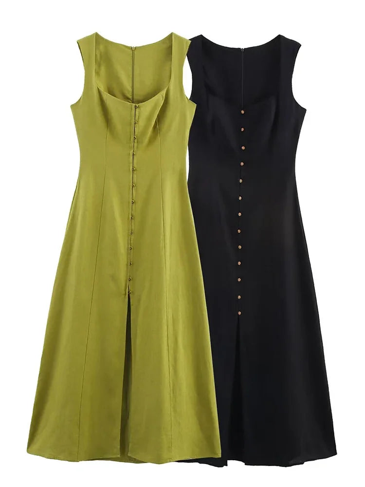 TFMLN Women's A-line Long Dress Elegant Square Neck Sleeveless Wide Sling Maxi Dresses 2025 Summer Lady Commute Button Dresses