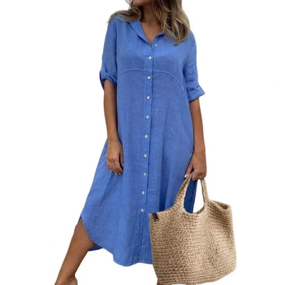 Women Dress Summer Single-breasted Half Sleeves Turn-down Collar Loose Solid Color Buttons Commute Midi Dress Female Vestidos