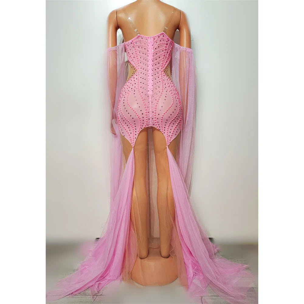 New Pink Rhinestones Pearls Dress Sexy Mesh Party Evening Dresses Women Singer Festival Wear Stage Outfit Jazz Dance Costume