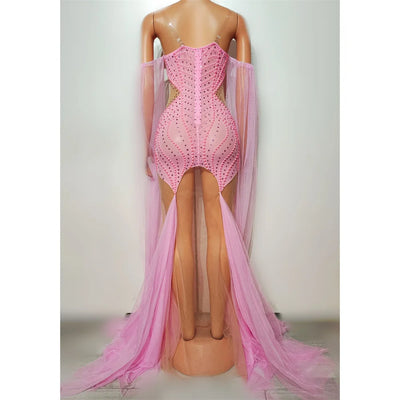 New Pink Rhinestones Pearls Dress Sexy Mesh Party Evening Dresses Women Singer Festival Wear Stage Outfit Jazz Dance Costume