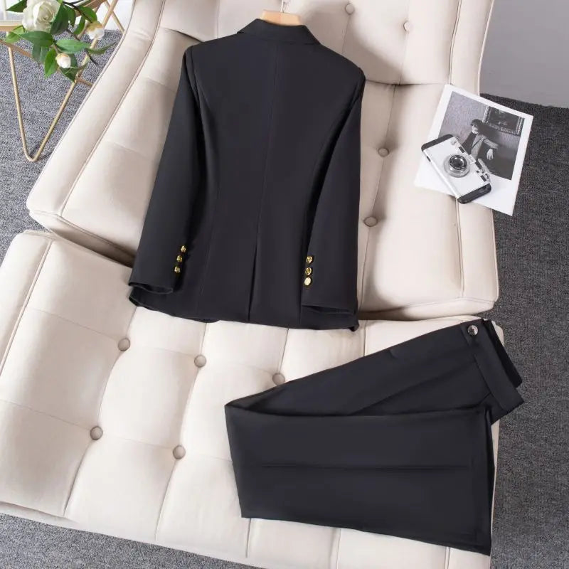 Women's Winter Retro Casual Short Blazer Coat Wide Leg Pants Set Commuting Solid Color Waist Closing Suit Pants Two-piece Set