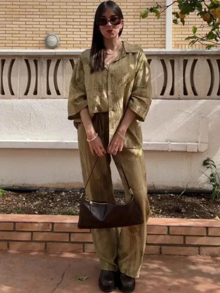 Women's Jacquard Oversized Shirt Trousers Short Sleeves Suit Lapel Shirt High Waist Elastic Straight Leg Pants Chic Female Set