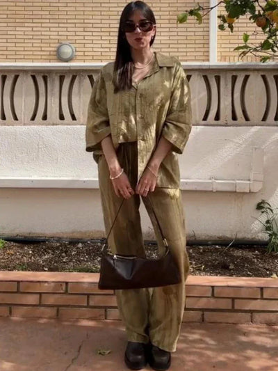 Women's Jacquard Oversized Shirt Trousers Short Sleeves Suit Lapel Shirt High Waist Elastic Straight Leg Pants Chic Female Set