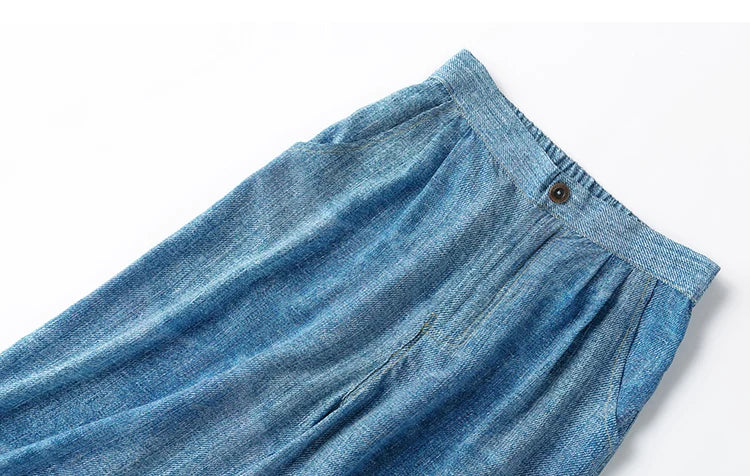 Women Pants 100% Mulberry Silk 16 momme Blue Jeans Printed Pocket Wide Leg Long Trousers Elastic Waist Office Lady M L XL MM858