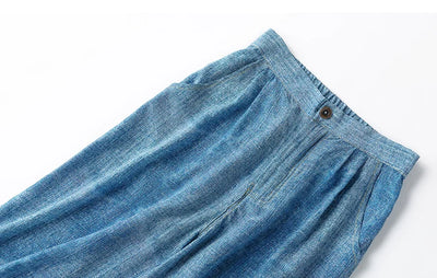 Women Pants 100% Mulberry Silk 16 momme Blue Jeans Printed Pocket Wide Leg Long Trousers Elastic Waist Office Lady M L XL MM858
