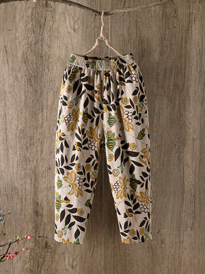 Fashion Printed Cotton Linen Harem Pants for Women 2025 Summer Casual High Waist Calf-Length Loose Trousers Female Streetwear