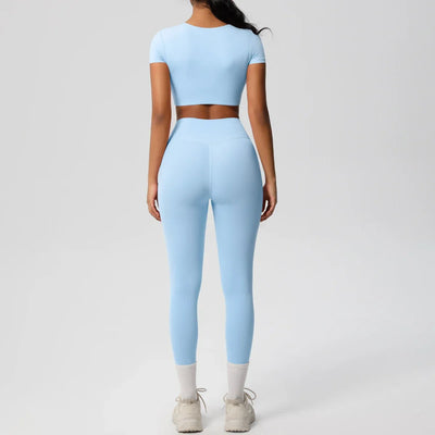 Yoga Set 2 Pieces Women Tracksuits Workout Sportswear Gym Clothing Fitness Short Sleeve With Padded High Waist Leggings Suits