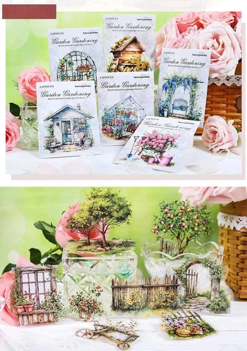 15Pcs stickers pack Garden Flower Workshop Garden Scenery Handbook Supplies Decorative Stickers Diary Scrapbook 141*93mm