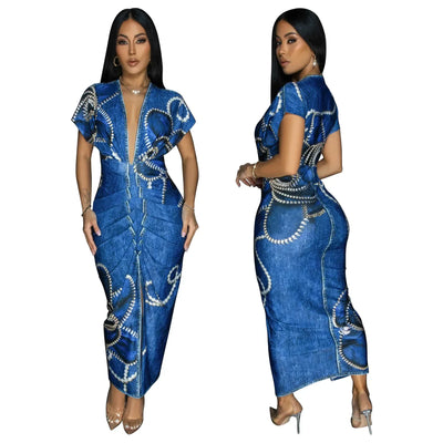Fashionable Short Sleeve V-Neck Printed Slim Fit African Style Women's Dress K10822 Cross-Border Elegant Chic Dress