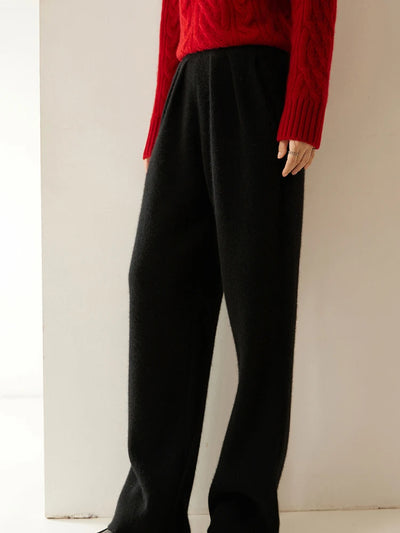 ADDONEE Women 100% Cashmere Pants Pleated Waist Wide Leg Pants Casual Simple Style Autumn Winter Cashmere Knit Trousers Luxury