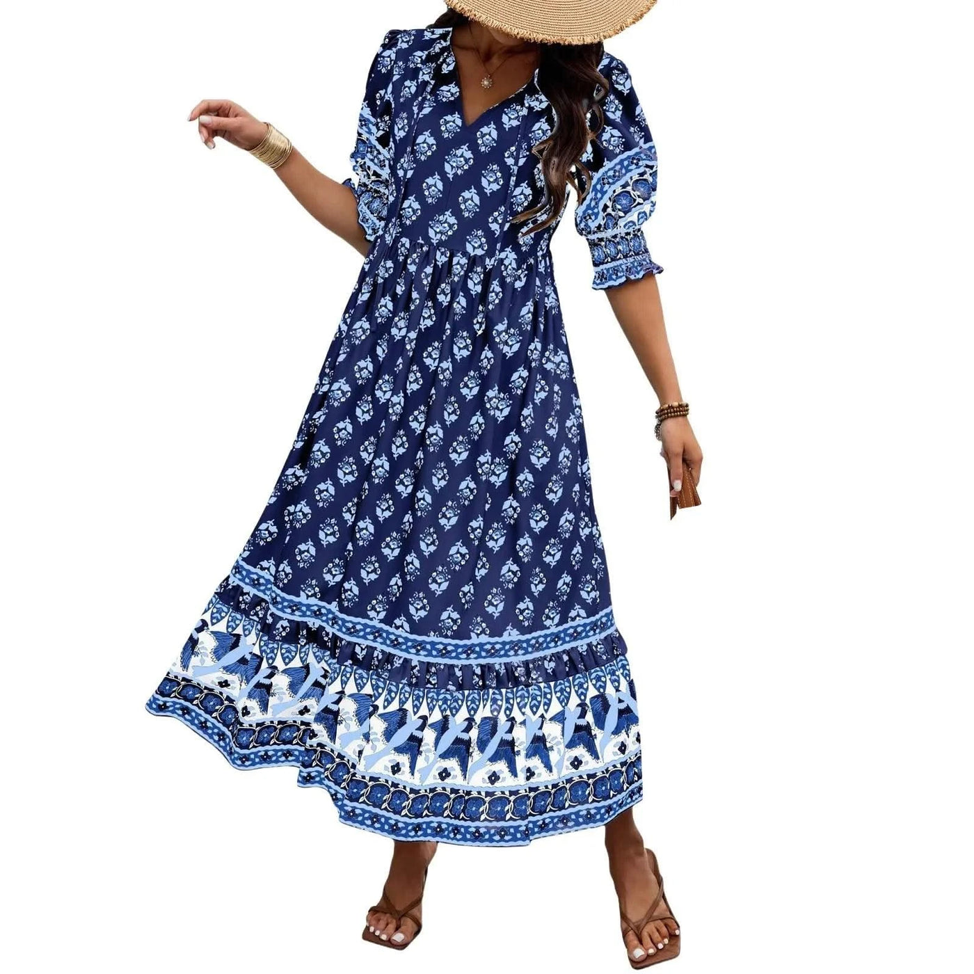 dresses for women Fashion summer Casual long dresses Bohemian V-Neck Printed High Waisted Big Swing Dress vestidos cortos