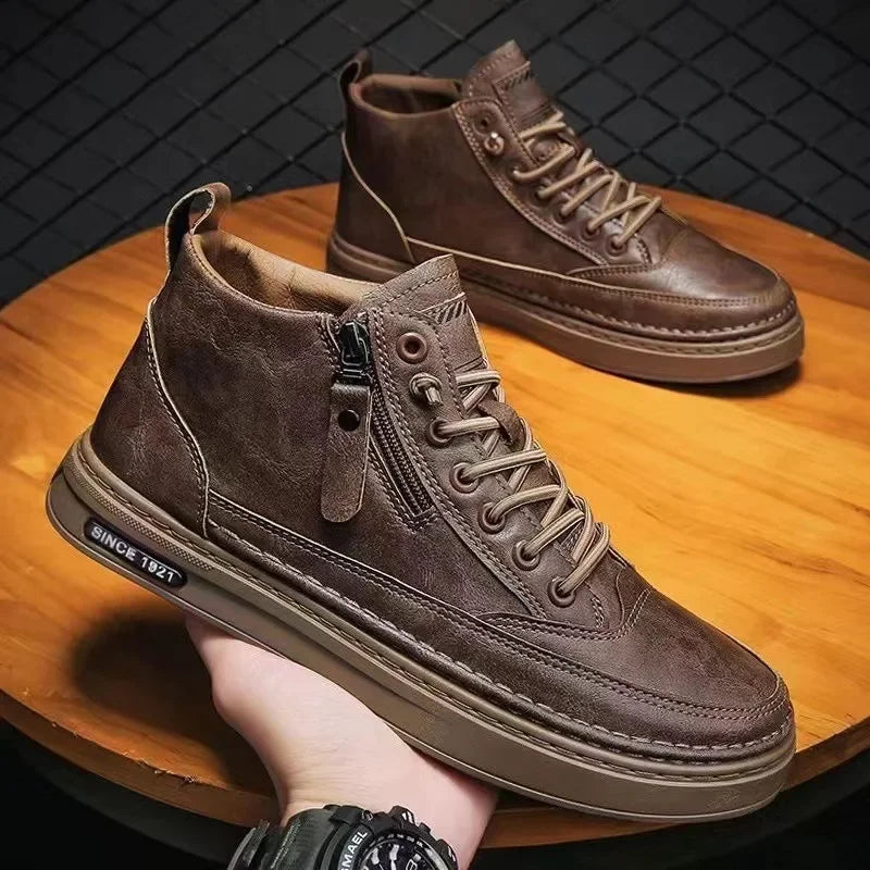 Handmade Leather Casual Shoes for Men Design Sneakers Man Comfortable High Top Boots Men's Loafers Platform Moccasins Driving