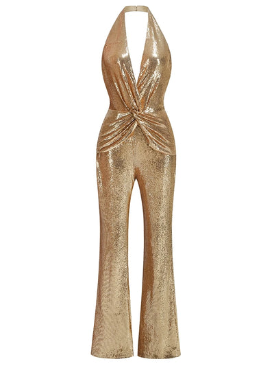 Women's Sleeveless Gold Sequin Jumpsuit Sexy V Neck Sparkle Sequined High Waist Wide Leg Pants Jumpsuit Celebrity Evening Party