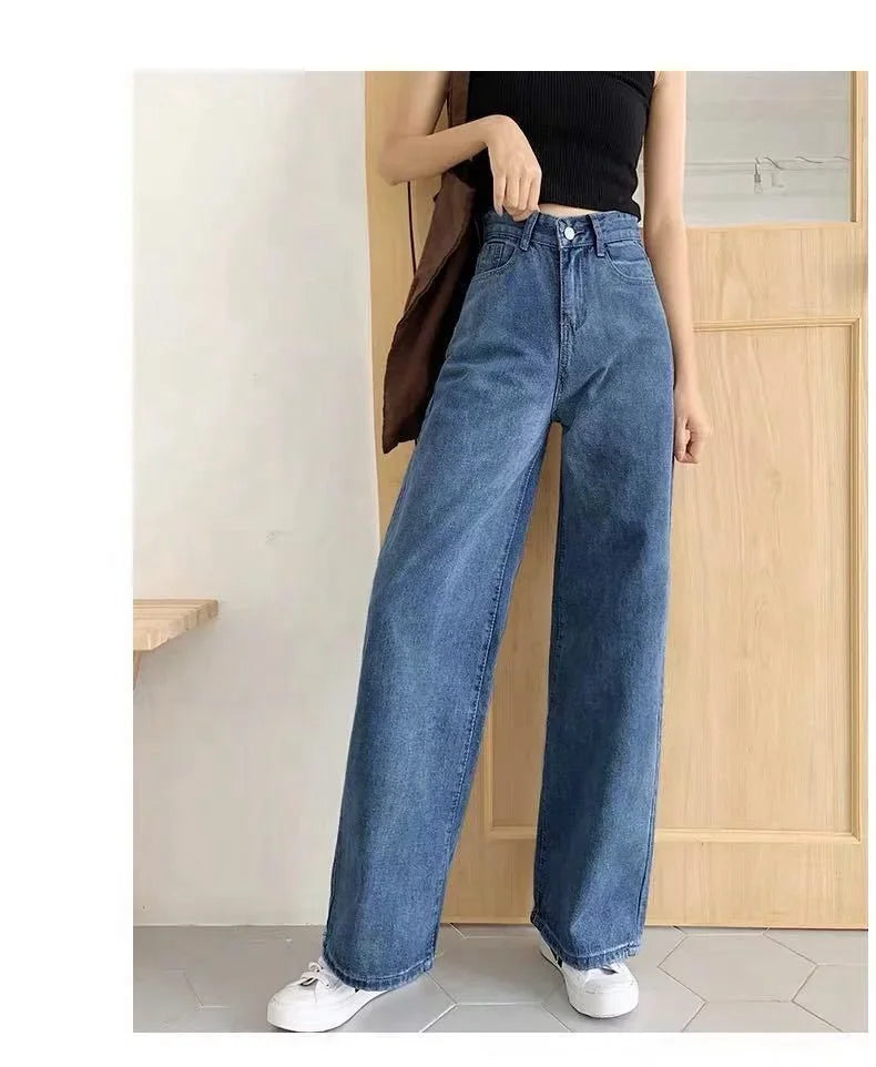 Loose Straight Cylinder Women Jeans High Waist Slimming Long Pants Trendy Cotton Fabric Comfortable Casual Style
