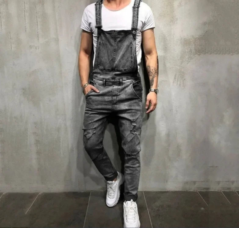 Men's Spring and Autumn Jeans, New Style Retro Casual All-match Ripped Dungarees, Fashionable High Street Trendy Brand Dungarees