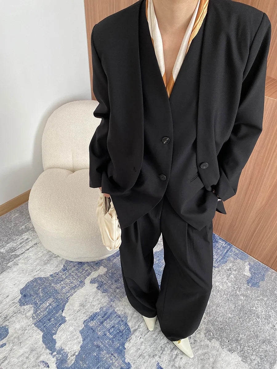 Spring and Autumn Women's Casual Solid Color Loose Jacket+V-neck Vest+Wide Leg Pants Set