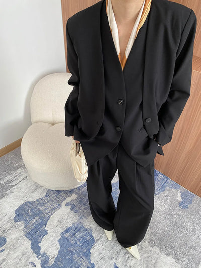 Spring and Autumn Women's Casual Solid Color Loose Jacket+V-neck Vest+Wide Leg Pants Set