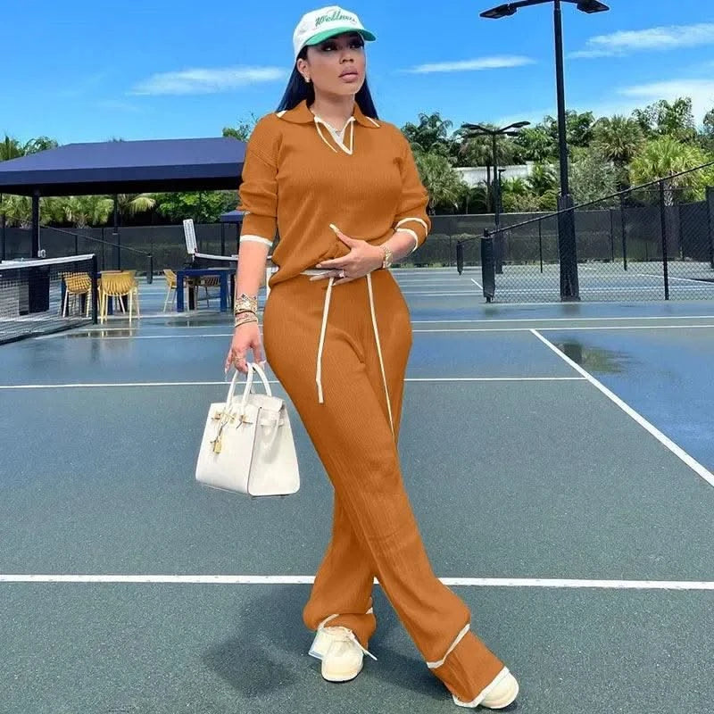 Active Wear Knitted Casual Tracksuit for Women Two Piece Set Sporty Fitness Striped Sweater Top and Wide Leg Pants Jogging Femme