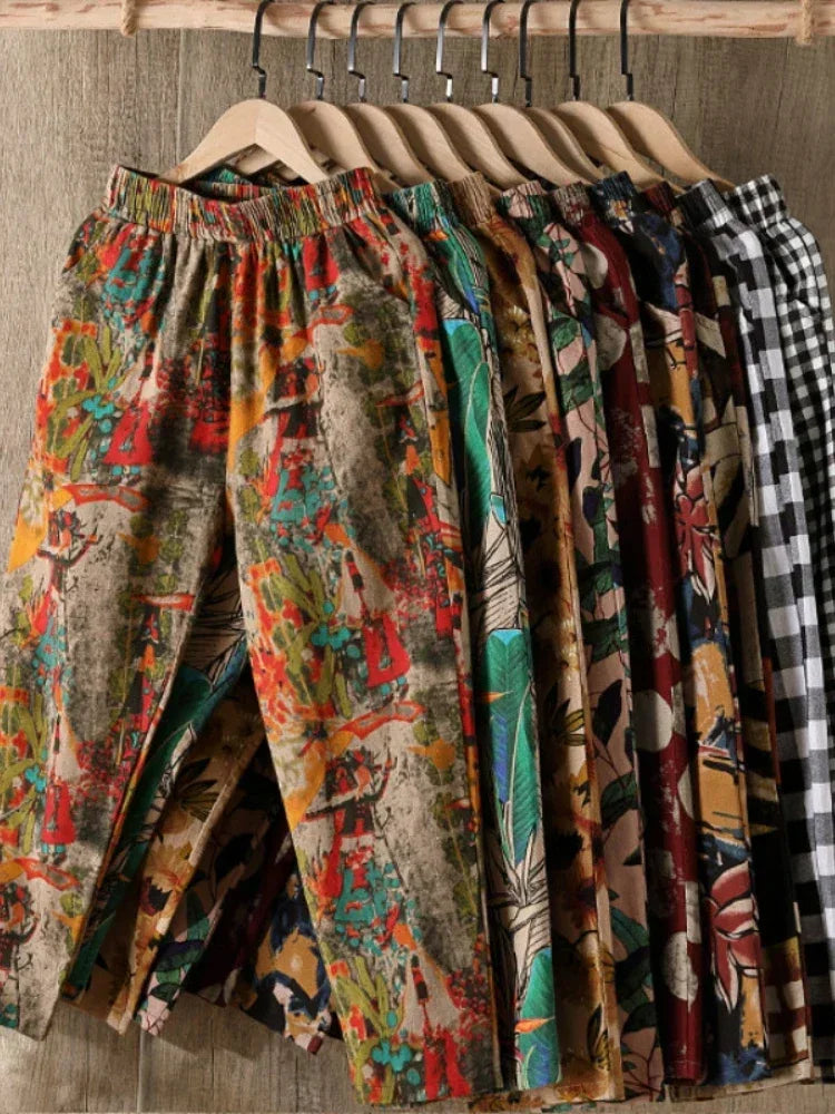Fashion Printed Cotton Linen Harem Pants for Women 2025 Summer Casual High Waist Calf-Length Loose Trousers Female Streetwear