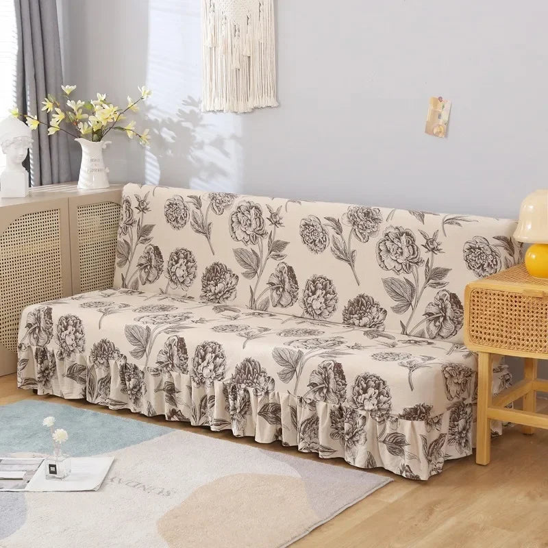 1/2/3Seater Sofa Bed Cover with Skirt Elastic Printing Seat Cover Armless Sofa Bed Cover Sofa Covers for Living Room Home Decor