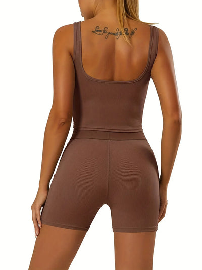 Women's 2 Piece Casual Workout Outfits Ribbed Knitted Yoga Tank Top High Waist Leggings Tracksuit Active Wear Sets