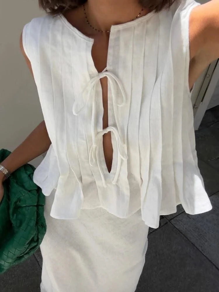 Linen Cotton Pleated Lace-up Elegant White Women Tops Tanks 2025 Summer Women Causal O-neck Sleeveless Ruffles Vest Streetwear