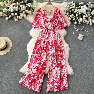 V Neck Sexy Dolman Sleeves Waist Slim Polka Dot Print Jumpsuit Women Wide Leg Trousers Jumpsuit