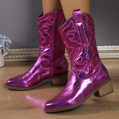 Women's Boots Fashion Pointed Toe Leather Boots Retro Embroidery Western Cowboy Boots for Women Thick Soled Mid-calf Boot Botas
