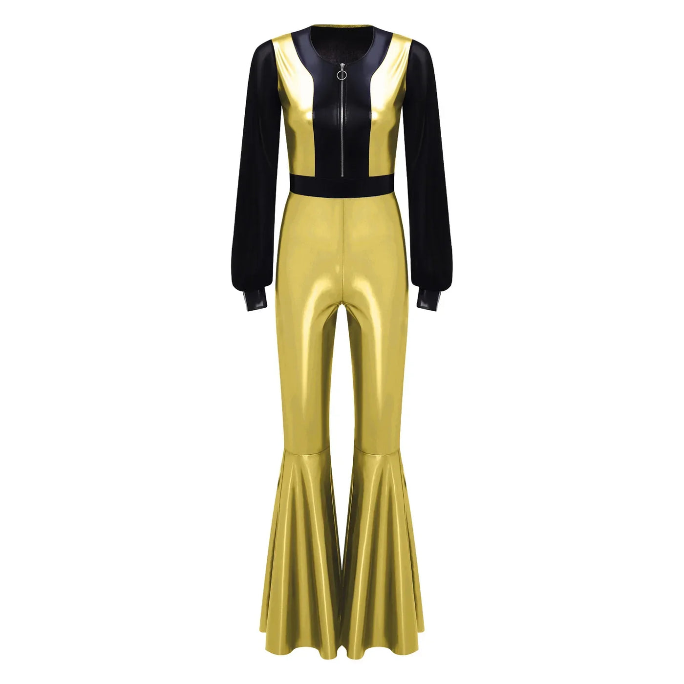 Womens Vintage 70s 80s Disco Dance Jumpsuit Mesh Long Sleeve Bell Bottom Pants Metallic Shiny Rompers Bodysuit Halloween Costume