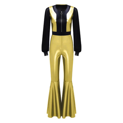 Womens Vintage 70s 80s Disco Dance Jumpsuit Mesh Long Sleeve Bell Bottom Pants Metallic Shiny Rompers Bodysuit Halloween Costume