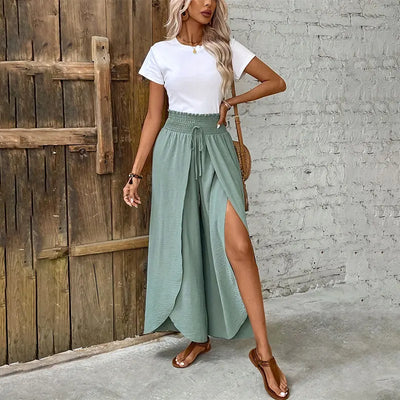 Women Wide Leg Pants Yoga Split Trousers Female Elastic Wasit Casual Loose Fitness Open Leg Pants Solid Color Harem Pants