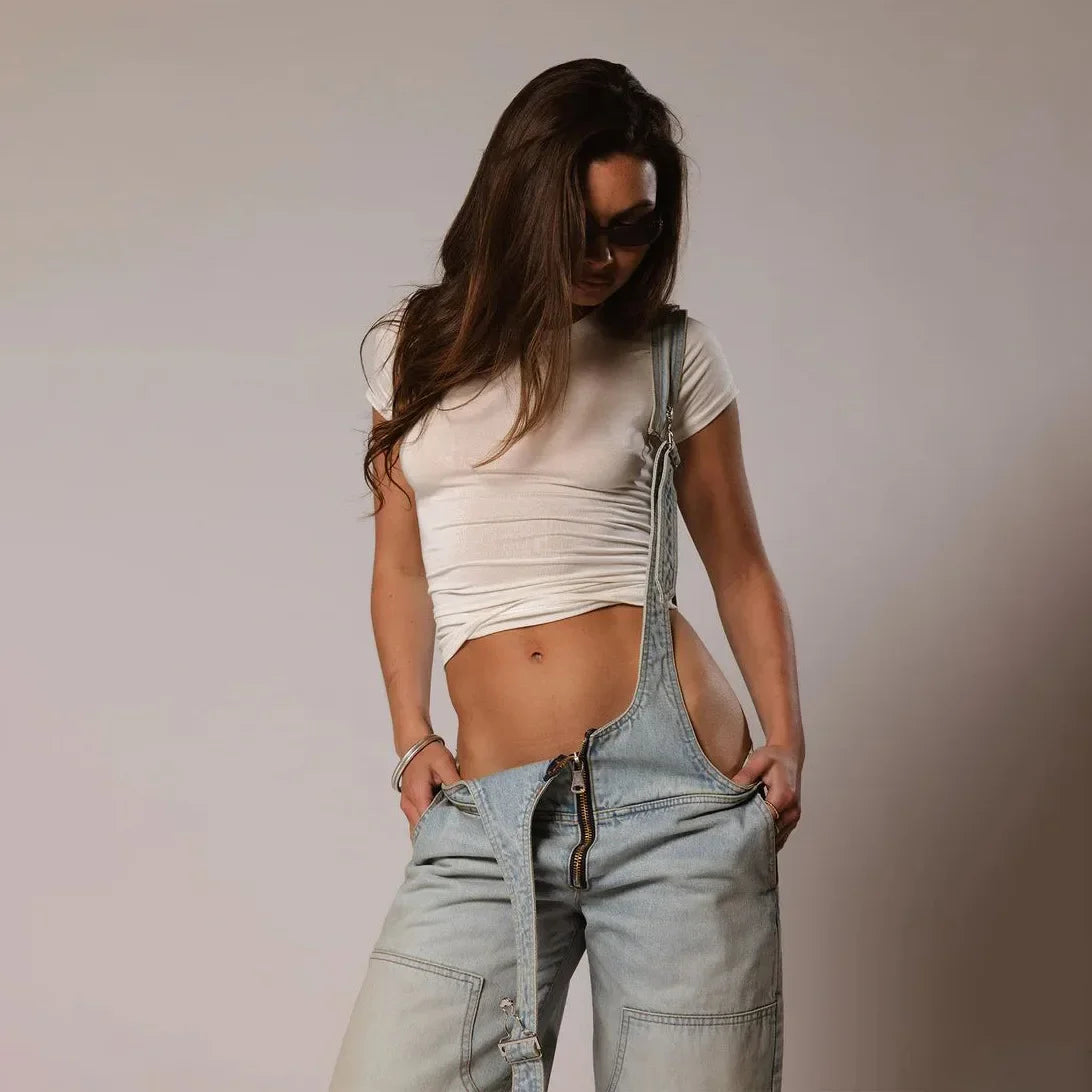 Jumpsuits Women Jeans Overalls Sexy Backless Vintage Full Length Denim Straight Pants Loose Pockets Distressed Washed Casual
