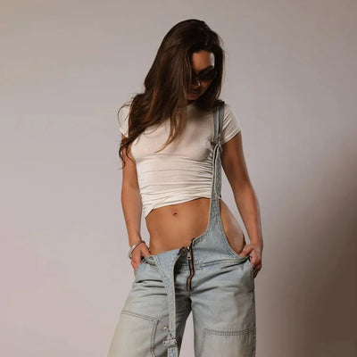 Jumpsuits Women Jeans Overalls Sexy Backless Vintage Full Length Denim Straight Pants Loose Pockets Distressed Washed Casual