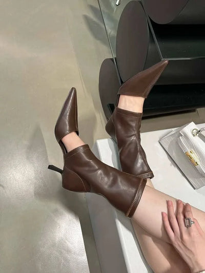 Eilyken Spring Autumn Soft Leather Short Ankle Boots Women Fashion Hollow Out Ladies Sandal Pointed Toe Thin Low Heel Shoes