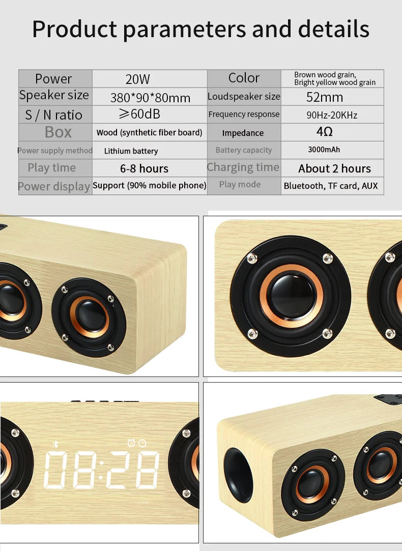 Wireless Bluetooth 5.0 Speakers For Computers Wooden Alarm Clock Display Sound System Player with AUX TF FM Radio Subwoofer Box