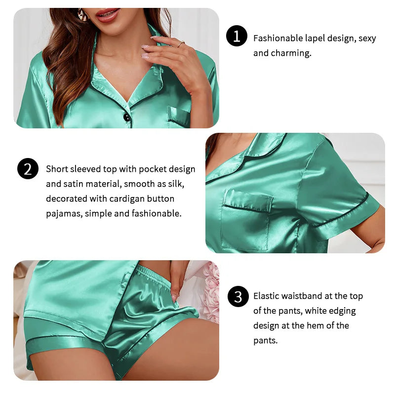 Women's Sleepwear Silk Satin Pajamas Set Button-Down Pyjama Shorts Suit Pijama Femme Loungewear Pj Sets Solid Color Home Clothes