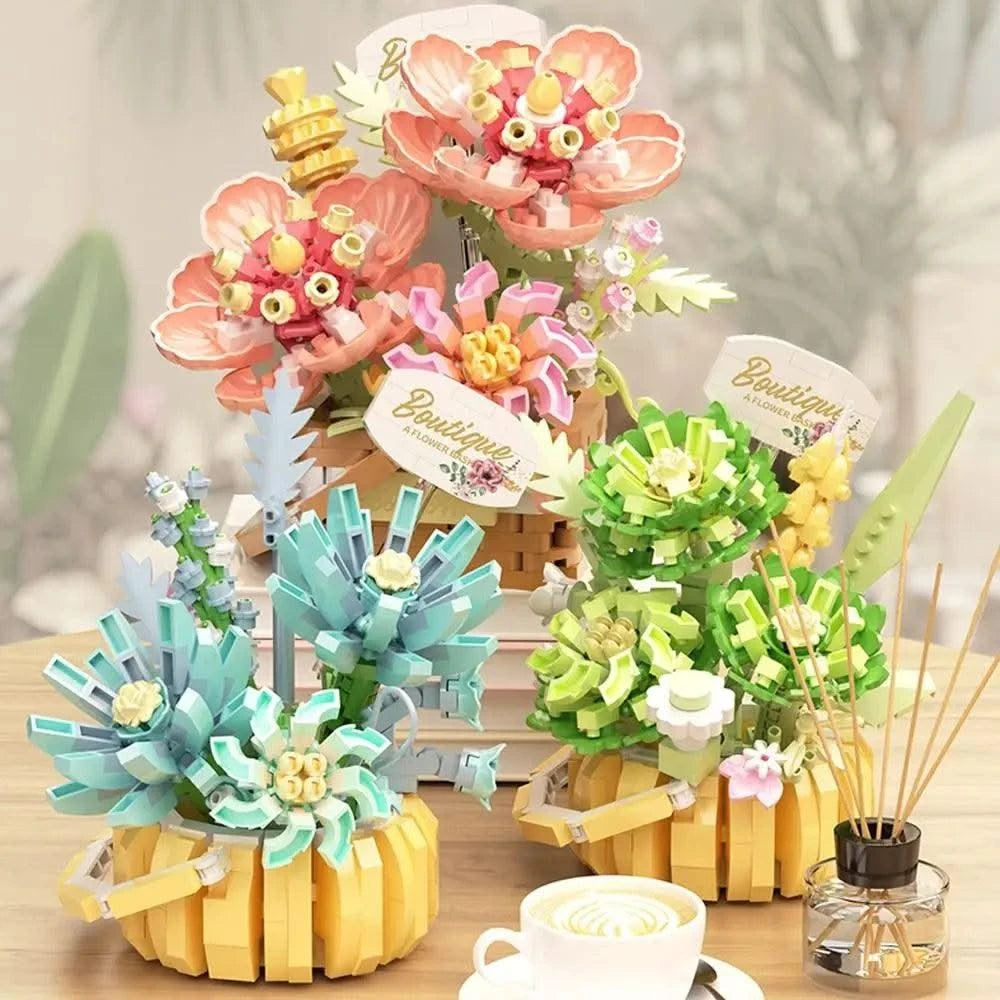 Garden Romantic Bricks DIY Potted Plants Model Bag Eternal Basket Bonsai Flower Succulents Building Blocks