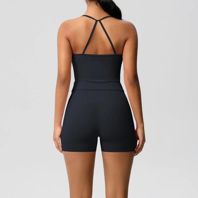 2PCS Sportswear With Pocketed Yoga Set Gym Clothes Yoga Suits For Women Tracksuits Sports Shorts Crossover Bra Gym Leggings